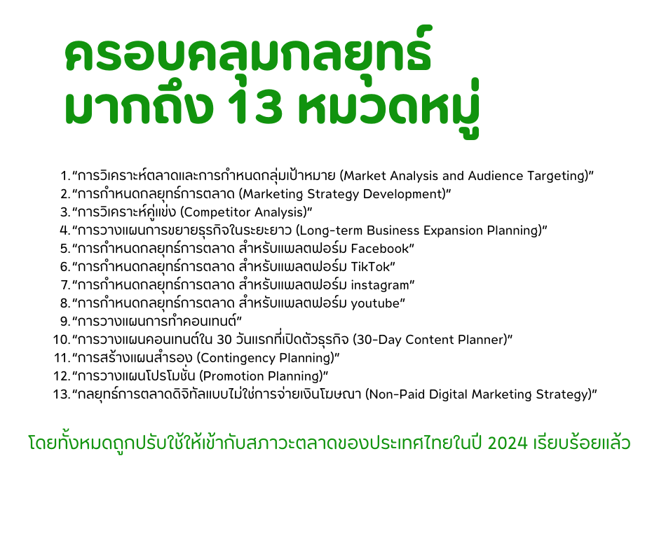 คำสั่ง Prompt AI ที่ปรึกษาการวางแผนธุรกิจและการตลาดเชิงลึก (คำสั่งใช้งาน AI สำหรับผู้บริหาร) salepage ai 7.มีทั้งหมด 13 หมวดหมู่